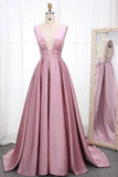 Simple V Neck Sleeveless Long Prom Dress A Line Ruched Long PSDB345R