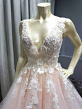 Charming Ball Gown V Neck Tulle Lace Appliques Prom Dresses, Evening STI15625