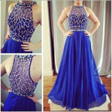 A-line Royal Blue Halter Fashion Cheap Sleeveless Tulle Beads Floor-Length Prom Dresses