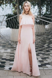 Charming Off Shoulder Ruffle Pink Chiffon Long Prom Dresses Bridesmaid Dresses STI15114