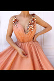 Charming Orange 3D Flowers Long Prom Dresses V-Neck Tulle Cheap PR5291S4