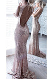 Sparkly Rose Gold Long Sheath Mermaid Open Back Prom Dresses PBM9B2FM