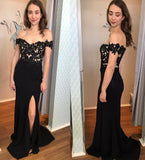 Elegant Off the Shoulder Black Lace Appliques Prom Dresses, Sweetheart Formal Dresses STI15186