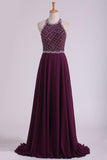 2024 Grape A Line Prom Dresses Halter Beaded Bodice Open Back Sweep Train Chiffon & PKEBFCJM