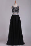 2024 Two Pieces Prom Dress Bateau A Line Tulle With Beading PQ4MCRQY