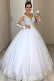 Ball Gown Illusion Sleeves White Wedding Dress With PXL1HXMP