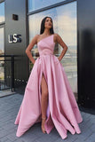 Elegant Strapless Satin High Slit Prom Dresses Long Simple Evening Dresses STI15204