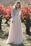 Two Pieces Long Sleeves Lace Appliques Blush Pink Wedding Dresses, Beach Wedding Dress STI15538