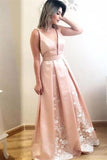 Beautiful V-Neck Pink Long A-Line Prom Dresses With P3TPZSCE