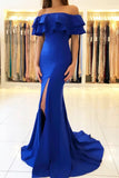 Elegant Off the Shoulder Royal Blue Mermaid Ruffle Sleeve Satin Long Prom Dresses STI15190