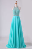 2024 Open Back A Line Prom Dresses Halter Beaded Bodice Sweep Train Chiffon & PA7KM6T5