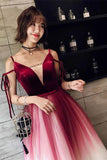 A Line Spaghetti Straps Ombre Long Tulle Prom Dresses, Burgundy V Neck Evening Dress STI15029