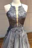 A Line Spaghetti Straps Lace Silver Long Prom Dresses with Applique Open Back Party Dresses STI15027