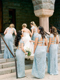 Mermaid Lace Baby Blue V Neck Bridesmaid Dresses for Wedding STI15653