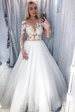 Charming Long Sleeve White Tulle Prom Dresses with Appliques, Long Evening Dress STI15105