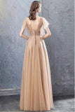 A Line V Neck Tulle Long Prom Dresses, Cheap Evening Dress with STI20488