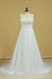 2024 Plus Size Sweetheart Beaded Bust Empire Waist A Line Wedding Dress Chapel Train Tulle With PTPESE83