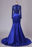 2024 Long Sleeve Evening Dresses Mermaid/Trumpet Elastic Satin With Applique Dark Royal P3HPAHHB