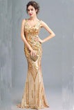 Fashion Sparkly Golden Sequins Mermaid Backless Sleeveless Floor-Length V-Neck Prom Dresses