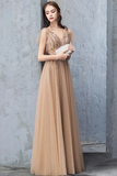 A Line V Neck Short Sleeves Long Tulle Prom Dress Evening Dresses With STIP7MZF43L