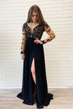 Long Sleeves Black Formal Dress High Slit Sexy Chiffon Long Prom Dress STIPGNANEC5