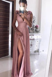 A Line Pink Chiffon V neck Prom Dresses with Split, Long Formal Dress With Handmade Flower STI15010