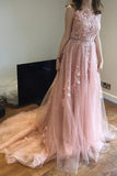 Charming Pink Lace Tulle Long A-line Open Back Elegant Little Train Wedding Dresses