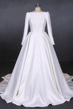 Ball Gown Long Sleeve White Satin Wedding Dresses, Long Simple Wedding Gowns STI15060