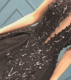 Sexy Ball Gown High Neck Black Tulle V Neck Sequins Party Dresses, Prom Dresses STI15594