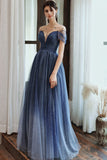 Charming A Line Blue Ombre Tulle Prom Dresses with Open Back, Evening STI20394