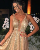 Charming Gold Sequins V Neck A Line Backless Prom Dresses, Formal STI20399