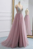 2024 Tulle Beading A-Line V-Neck Prom Dresses PTCPHBHZ