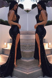 Sexy Black Sequin Shiny Long Front Split Open Back Prom Dresses PTZGR2DA