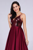 Deep V Neck Long Sleeveless Spaghetti Straps Burgundy Satin Evening Prom Dresses STI15140