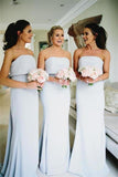 Charming Long Mermaid Light Sky Blue Strapless Elegant Bridesmaid Dresses PNKHKLAB