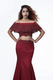 Elegant Mermaid Off the Shoulder Two Pieces Beades Burgundy Prom STI20416