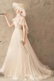 Unique Tulle Lace Long Wedding Dress Ivory Short Sleeves Lace Up Back Bridal STIPK2YQ77B