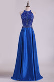 2024 Floor Length A Line Scoop Open Back Prom Dresses Satin Beaded PRD458QE