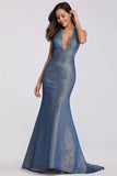 Sexy V Neck Halter Blue Backless Prom Dresses, Cheap Long Party Dresses STI15365