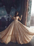 Sparkly Spaghetti Straps A Line Elegant Long Prom Dress, Sequins Evening Party Dresses STI15430