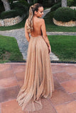 Flowy A Line Spaghetti Straps Champagne V Neck Prom Dresses with Sequins STI15227