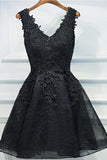 Black V Neck Homecoming DressesAppliques Beading Belt Short PR81J3KA