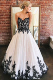 A Line Sweetheart Strapless White Tulle Black Lace Appliques Formal Prom Dresses STI15558