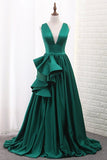 2024 V Neck A Line Satin Prom Dresses With Slit PR81YBZ5