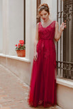 Elegant V Neck Burgundy Beads Appliques Lace Evening Dresses, Long Prom Dresses STI15211