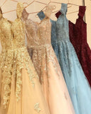 Charming Off the Shoulder Lace Appliques Gold Prom Dresses, Long Party Dresses STI15115