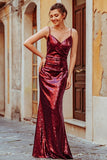 Sexy Spaghetti Straps Burgundy Sequins V Neck Party Dresses Mermaid Prom Dresses STI15358