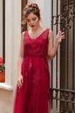 Elegant V Neck Burgundy Beads Appliques Lace Evening Dresses, Long Prom Dresses STI15211