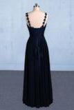 Dark Navy Blue Straps Floor Length Evening Dresses Long Chiffon Prom Dress PQPAS6HS