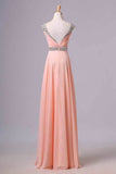 Simple Prom Dresses With Cap Sleeves A-Line V-Neck Floor-Length Chiffon PFPPGQFD